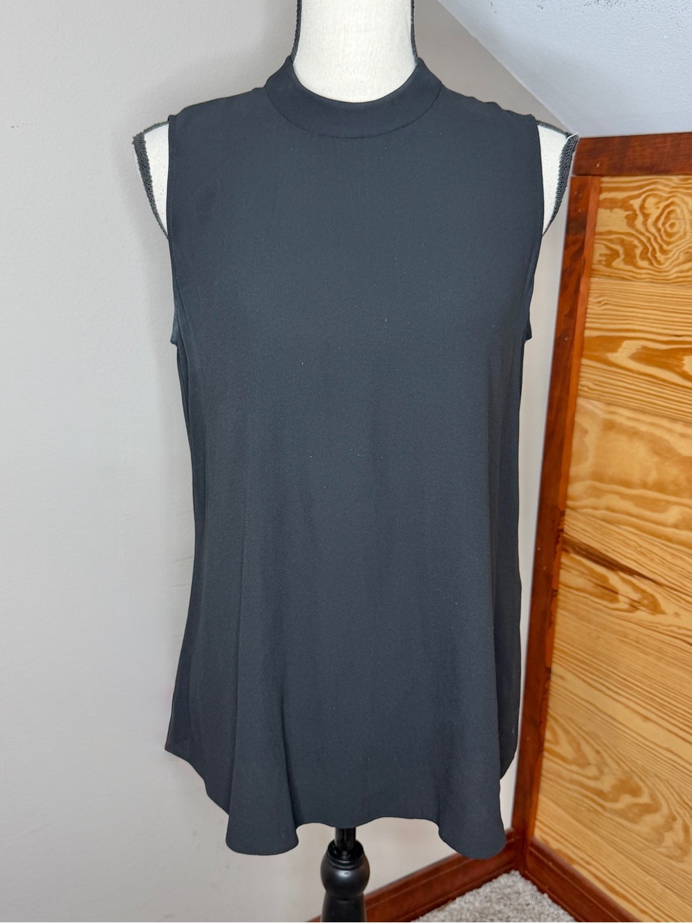 Eileen Fisher 100% Silk Georgette Crepe High Mock Neck Tank Top Black XS